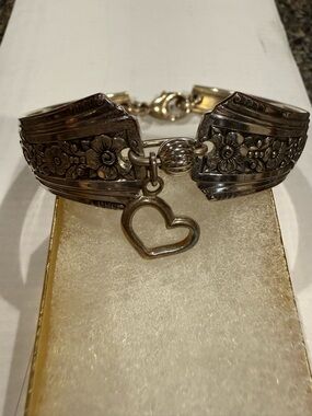 Vintage silver-plated Floral Spoon Bracelet with Heart Charm 6”